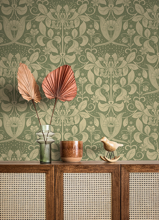 Berit Green Floral Crest Wallpaper  | Brewster Wallcovering - The WorkRm