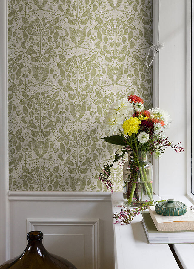 Berit Olive Floral Crest Wallpaper  | Brewster Wallcovering - The WorkRm