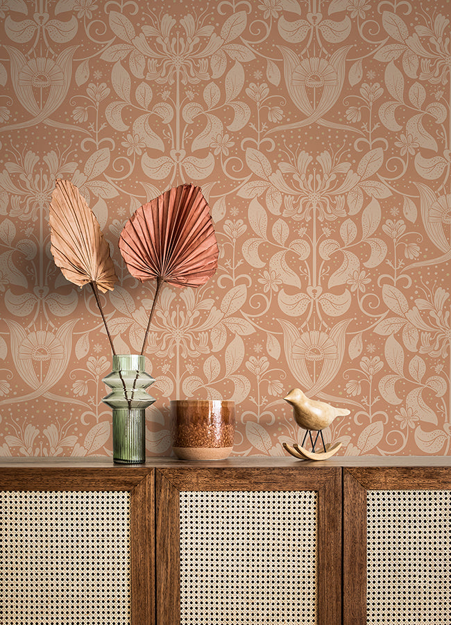 Berit Coral Floral Crest Wallpaper  | Brewster Wallcovering - The WorkRm