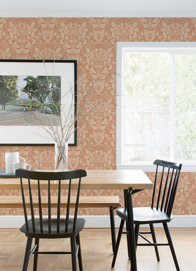 Berit Coral Floral Crest Wallpaper  | Brewster Wallcovering - The WorkRm