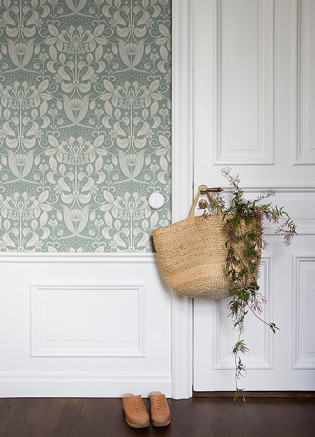 Berit Blue Floral Crest Wallpaper  | Brewster Wallcovering - The WorkRm