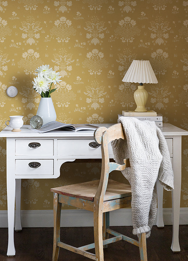 Elda Gold Delicate Daisies Wallpaper  | Brewster Wallcovering - The WorkRm