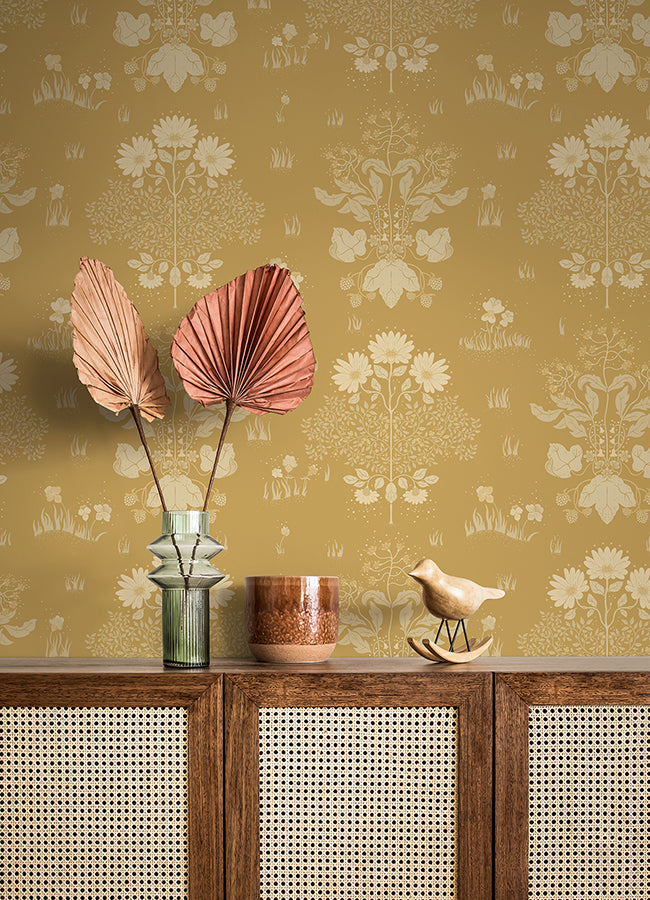 Elda Gold Delicate Daisies Wallpaper  | Brewster Wallcovering - The WorkRm