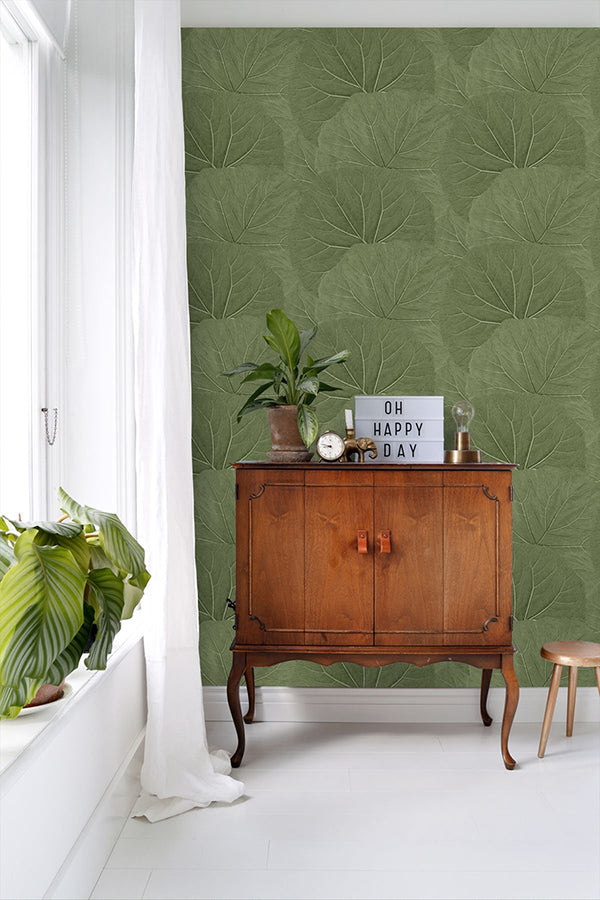 Xylem Olive Large Leaves Wallpaper - Brewster Wallcovering