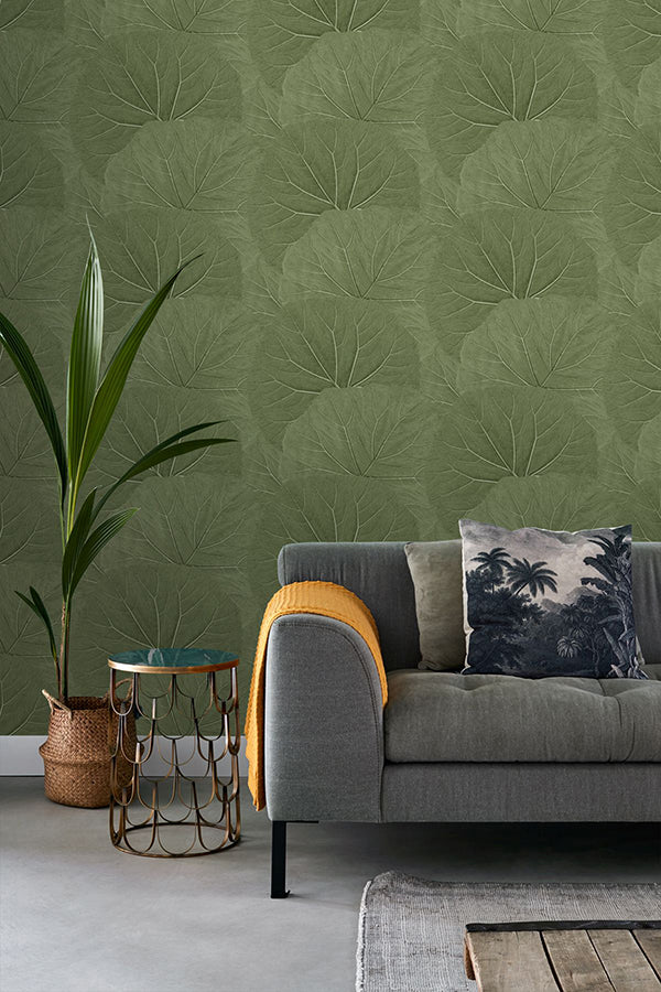 Xylem Olive Large Leaves Wallpaper  | Brewster Wallcovering - The WorkRm