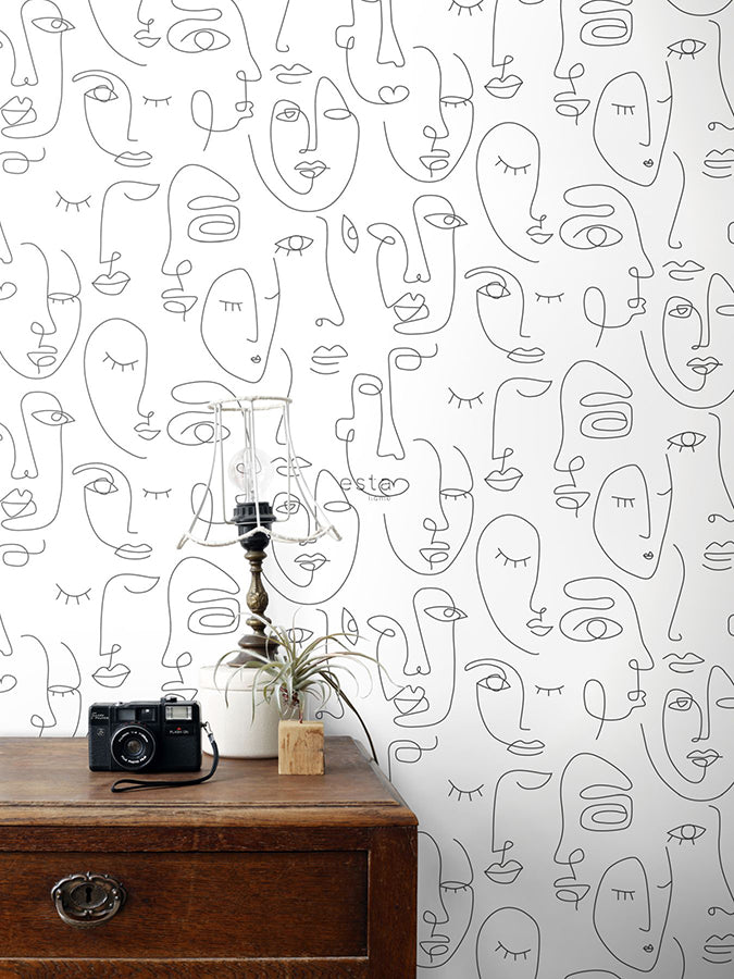 Sharona White Line Art Faces Wallpaper  | Brewster Wallcovering