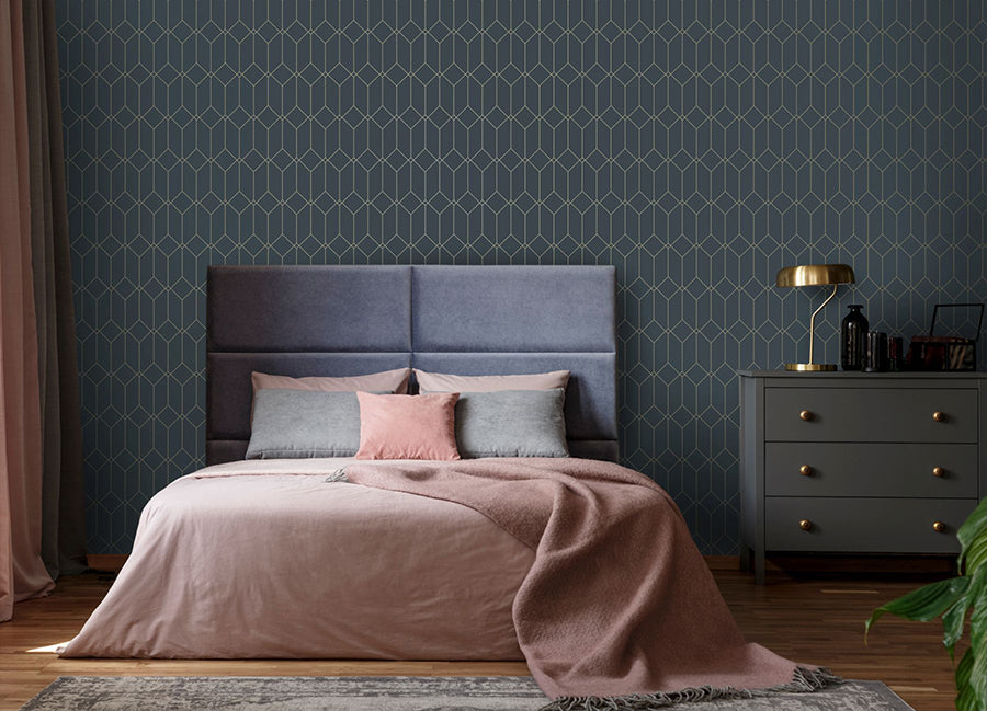 Trilliant Dark Blue Art Deco Motif Wallpaper  | Brewster Wallcovering - The WorkRm