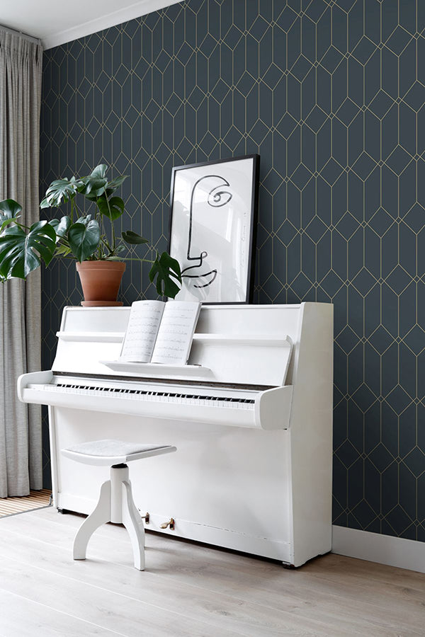 Trilliant Dark Blue Art Deco Motif Wallpaper  | Brewster Wallcovering - The WorkRm