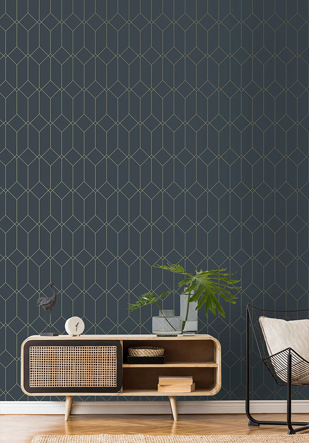 Trilliant Dark Blue Art Deco Motif Wallpaper  | Brewster Wallcovering - The WorkRm