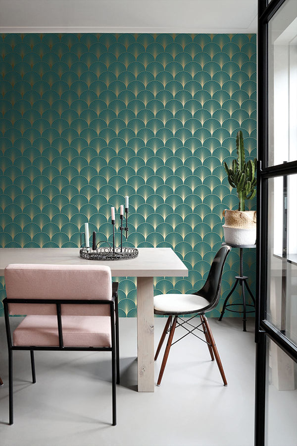 Lempicka Teal Art Deco Motif Wallpaper - Brewster Wallcovering