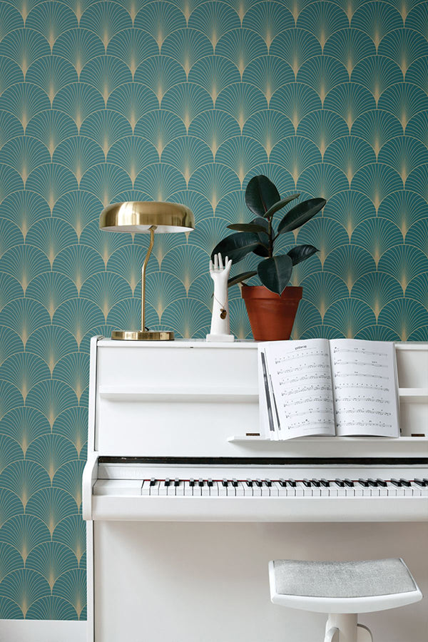 Lempicka Teal Art Deco Motif Wallpaper - Brewster Wallcovering