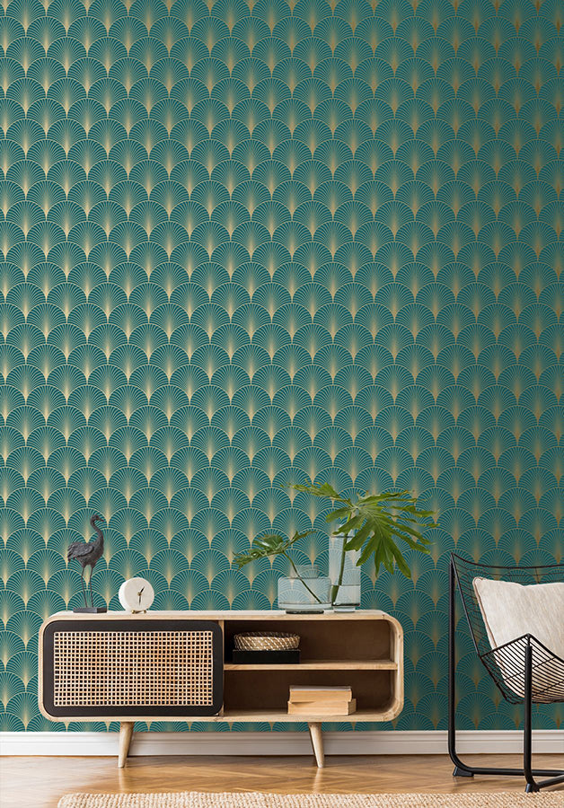 Lempicka Teal Art Deco Motif Wallpaper - Brewster Wallcovering