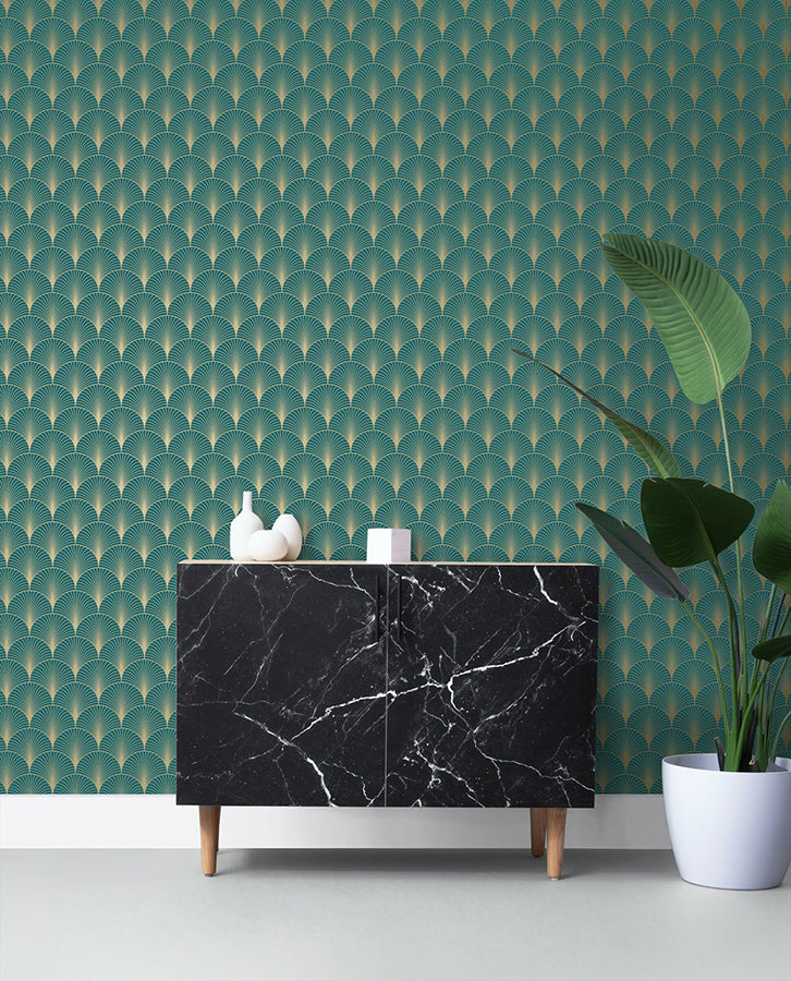 Lempicka Teal Art Deco Motif Wallpaper - Brewster Wallcovering