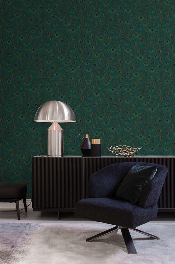 Plumage Sapphire Peacock Feathers Wallpaper - Brewster Wallcovering