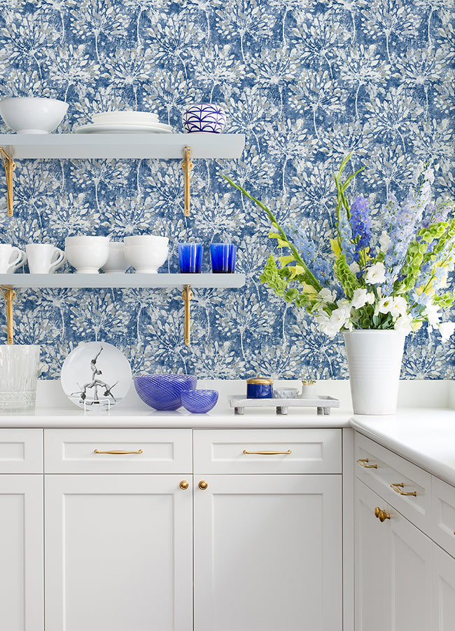 Dori Blue Painterly Floral Wallpaper - Brewster Wallcovering