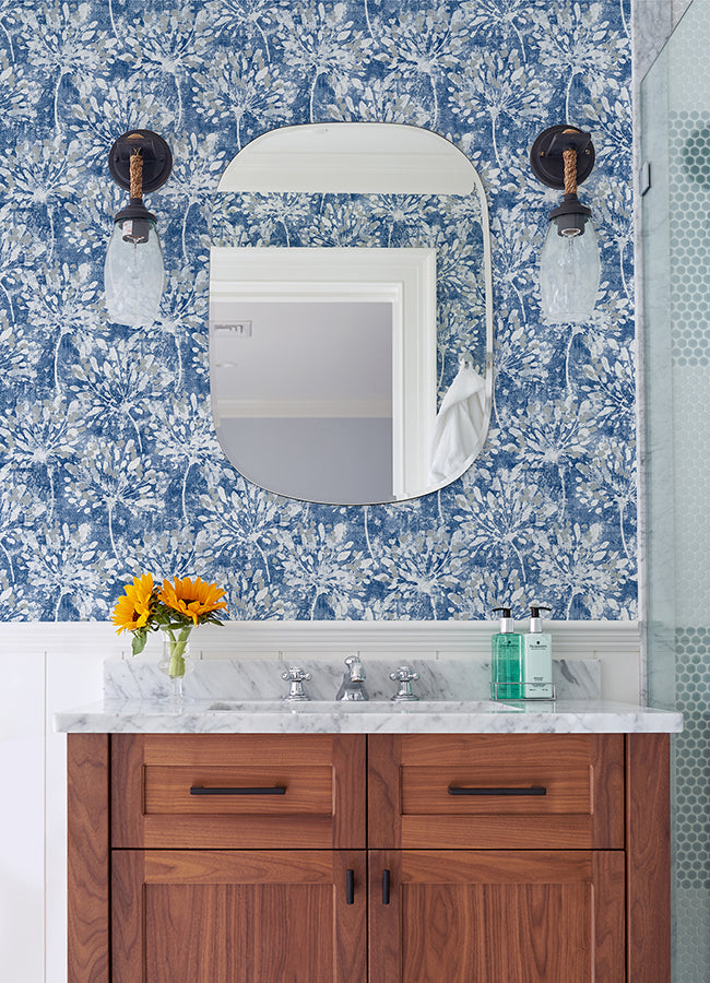 Dori Blue Painterly Floral Wallpaper - Brewster Wallcovering