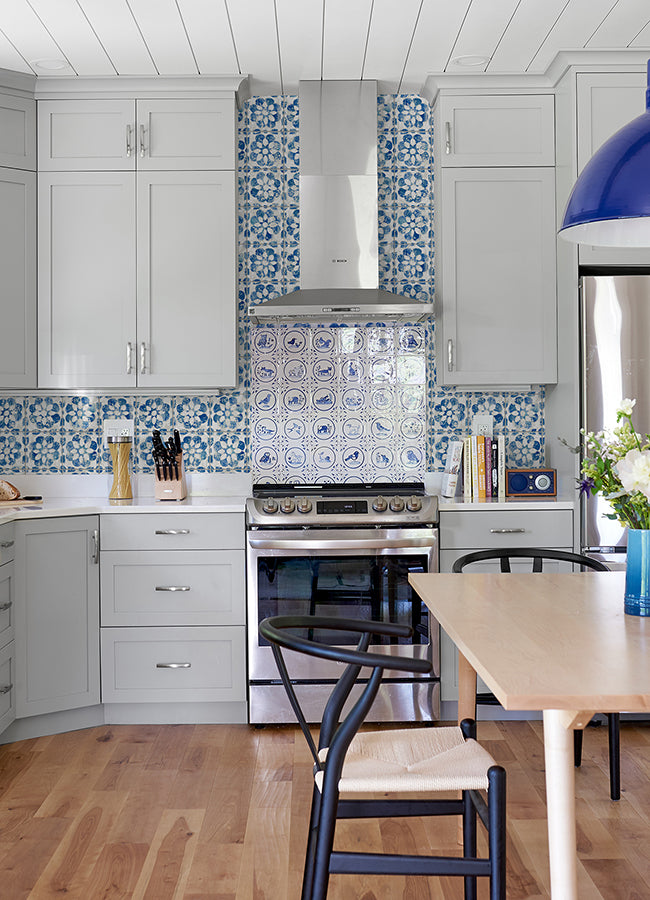 Izeda Blue Floral Tile Wallpaper  | Brewster Wallcovering - The WorkRm