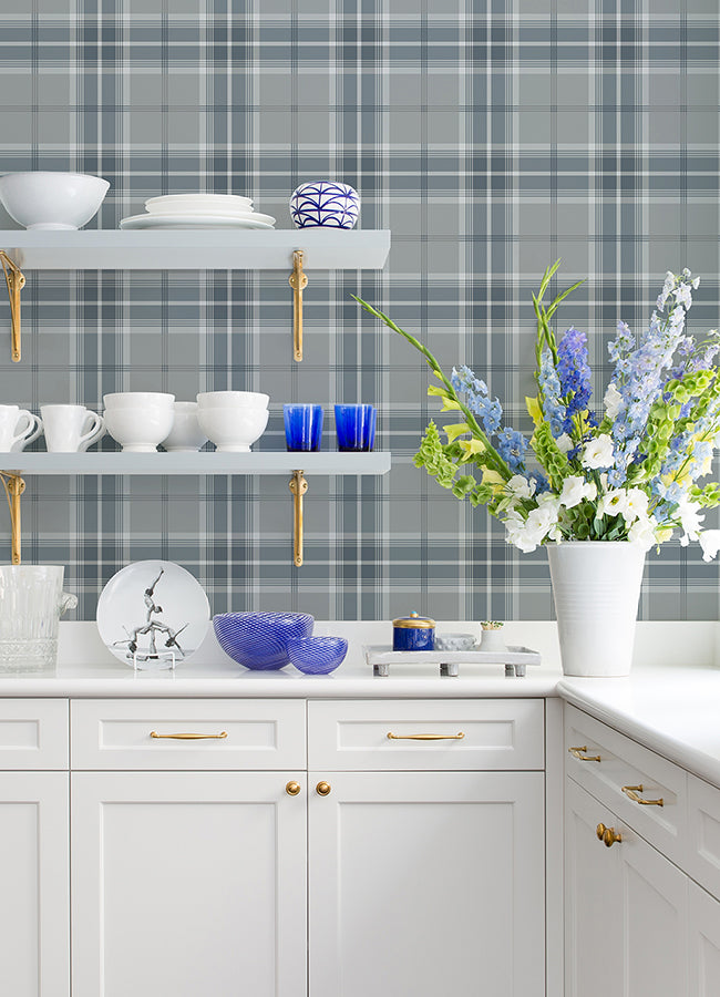 Sala Blue Plaid Wallpaper  | Brewster Wallcovering - The WorkRm