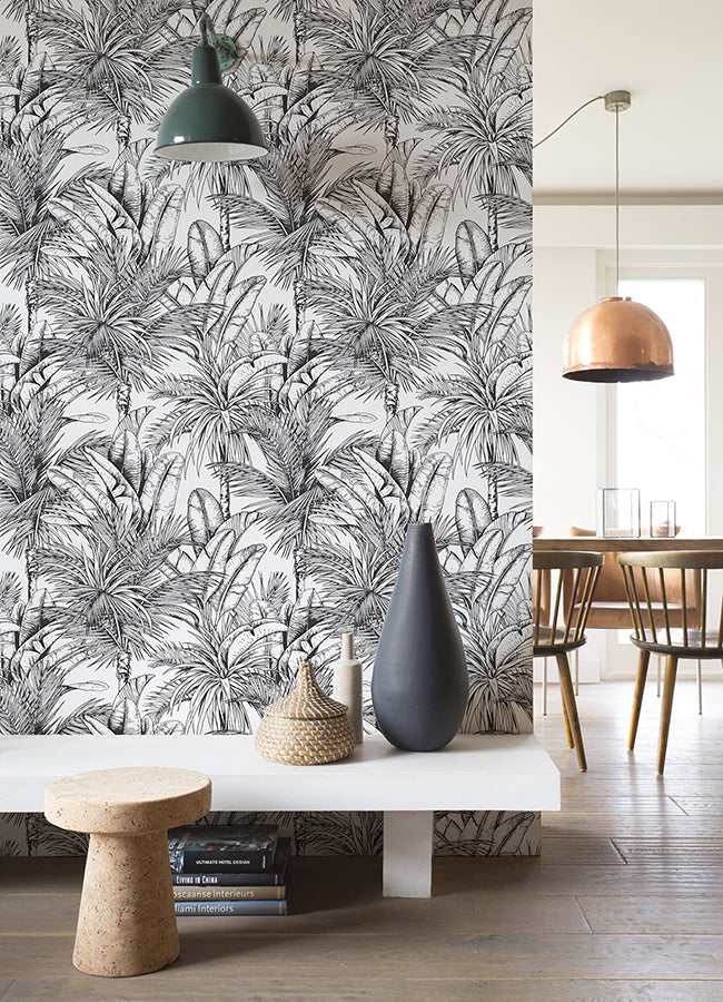 Serra White Palm Wallpaper  | Brewster Wallcovering