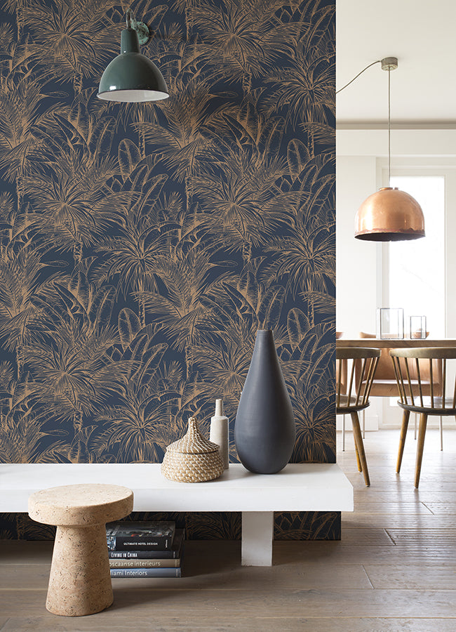 Serra Dark Blue Palm Wallpaper  | Brewster Wallcovering - The WorkRm