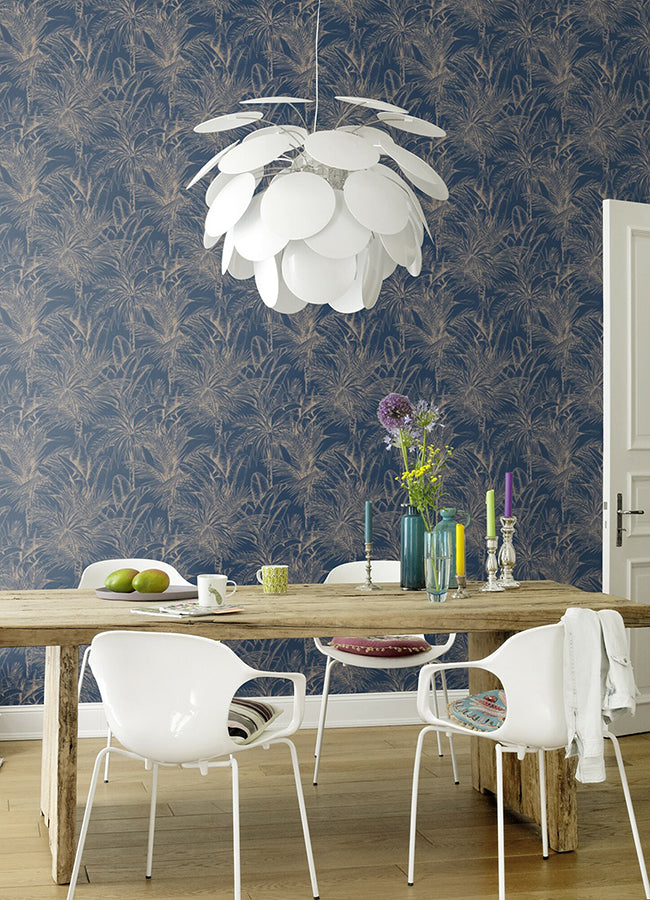 Serra Dark Blue Palm Wallpaper  | Brewster Wallcovering - The WorkRm