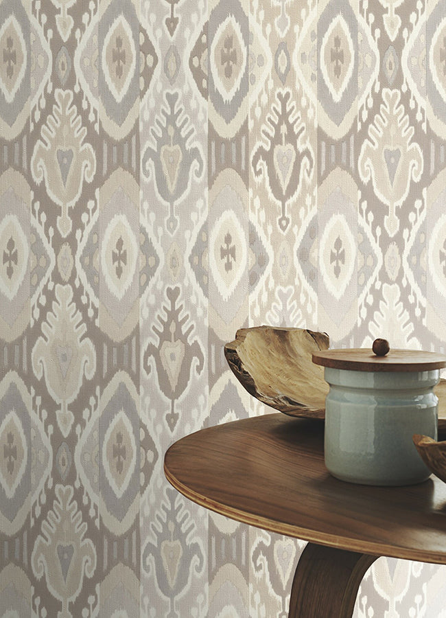 Villon Light Grey Ikat Wallpaper - Brewster Wallcovering