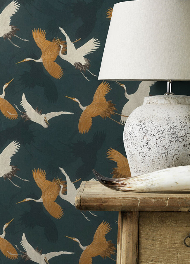 Kusama Dark Blue Crane Wallpaper  | Brewster Wallcovering - The WorkRm