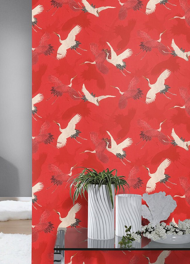 Kusama Red Crane Wallpaper - Brewster Wallcovering