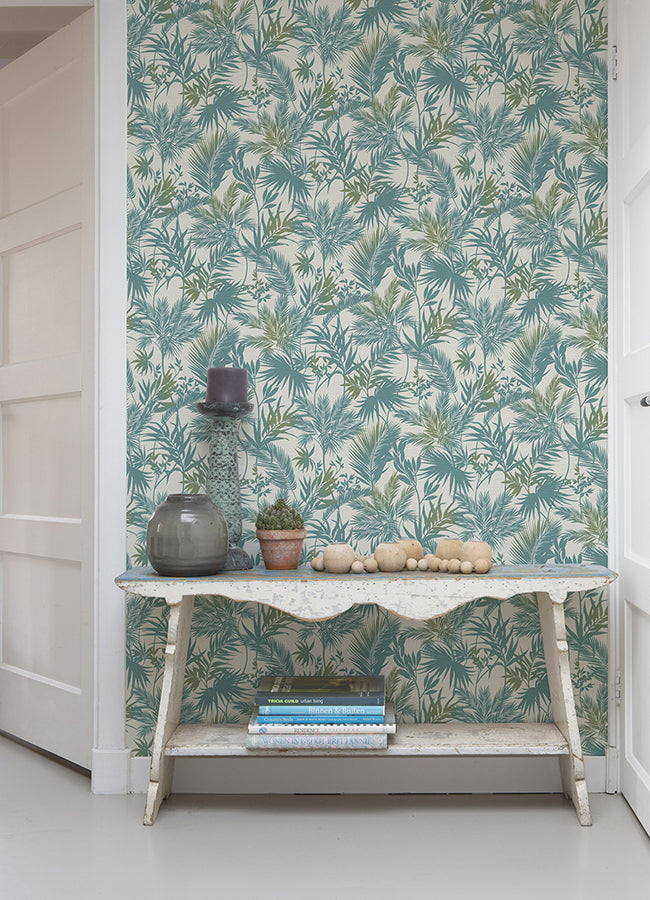 Saura Teal Frond Wallpaper - Brewster Wallcovering