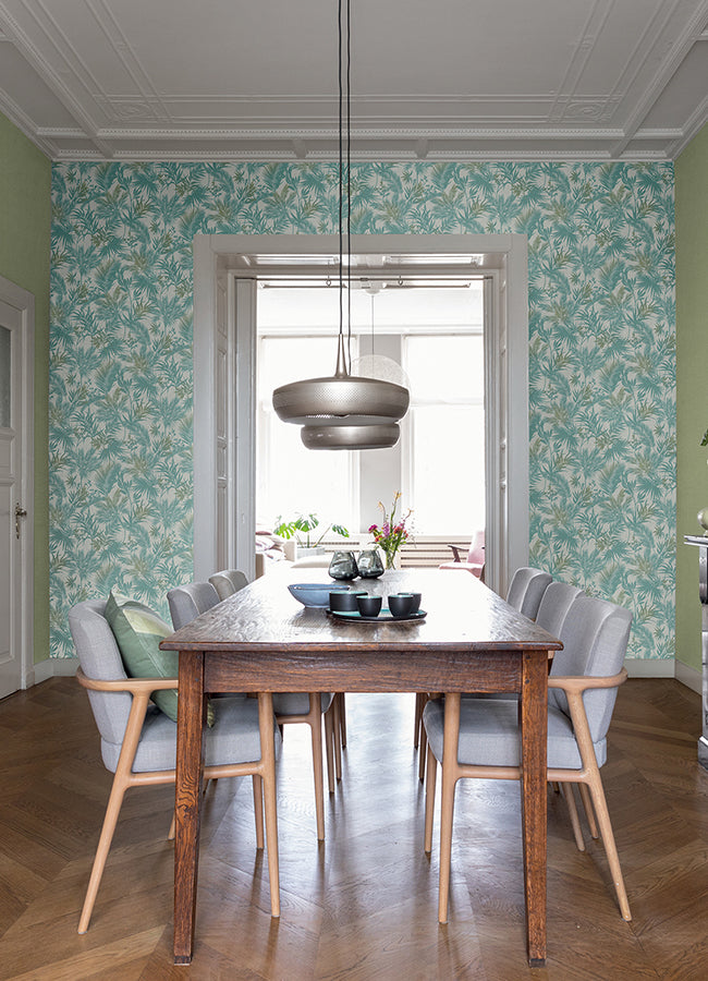 Saura Teal Frond Wallpaper - Brewster Wallcovering