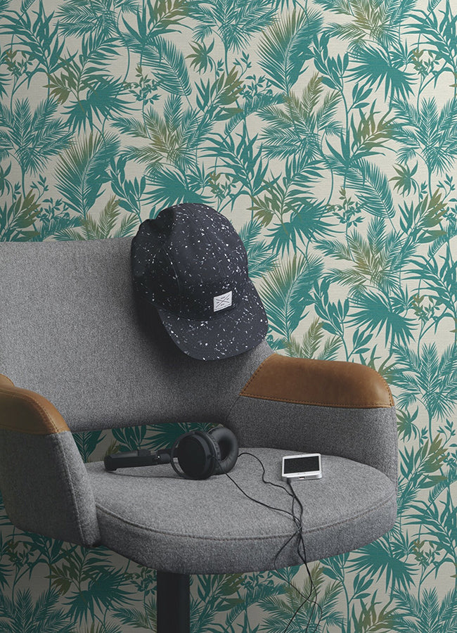 Saura Teal Frond Wallpaper - Brewster Wallcovering