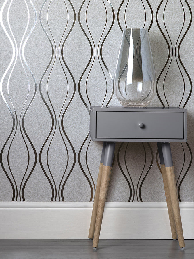 Odie Silver Contour Wave Wallpaper  | Brewster Wallcovering - The WorkRm