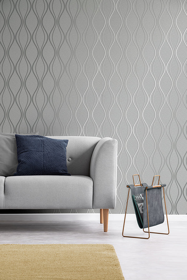 Odie Silver Contour Wave Wallpaper  | Brewster Wallcovering - The WorkRm