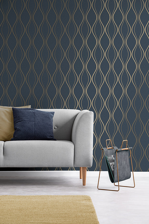 Odie Blue Contour Wave Wallpaper  | Brewster Wallcovering - The WorkRm