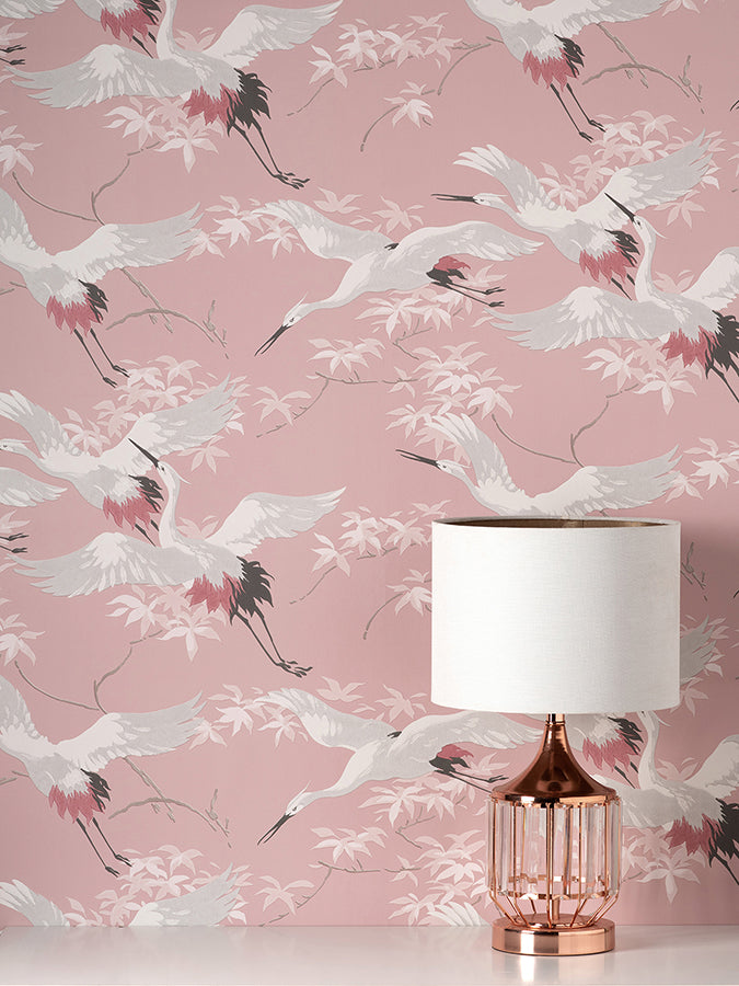 Saura Pink Cranes Wallpaper - Brewster Wallcovering