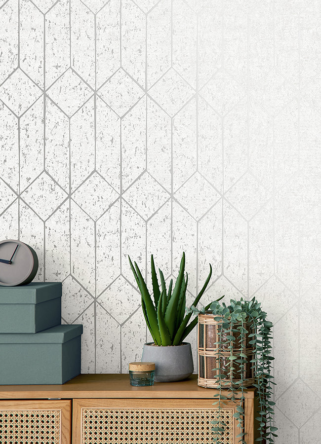 Hayden White Concrete Trellis Wallpaper - Brewster Wallcovering