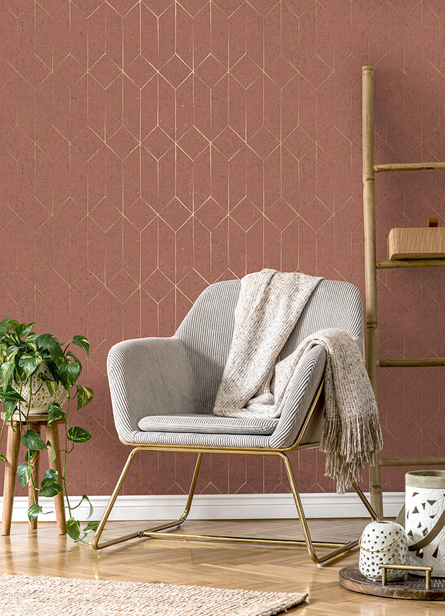 Hayden Raspberry Concrete Trellis Wallpaper - Brewster Wallcovering