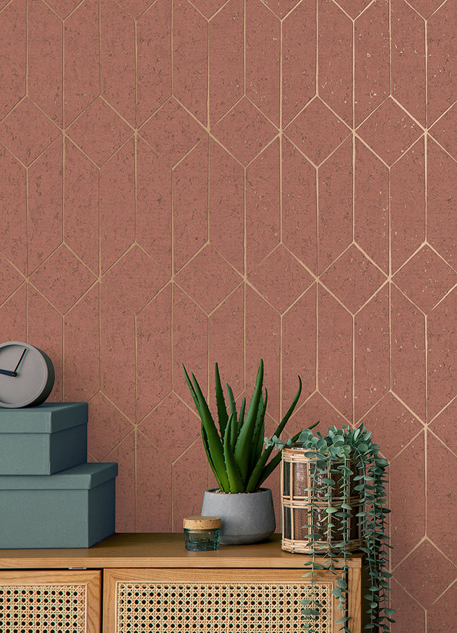 Hayden Raspberry Concrete Trellis Wallpaper - Brewster Wallcovering