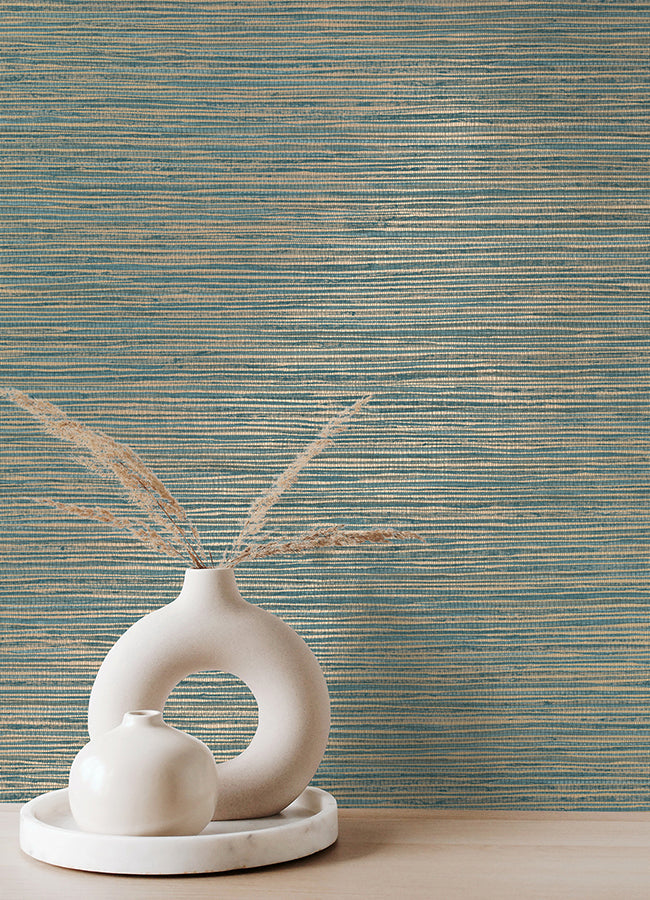 Alton Teal Faux Grasscloth Wallpaper - Brewster Wallcovering