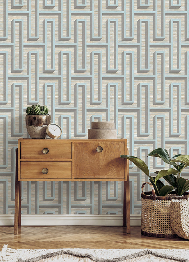 Henley Light Blue Geometric Grasscloth Wallpaper  | Brewster Wallcovering