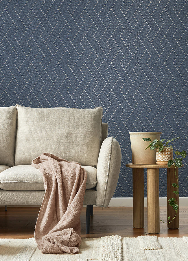 Ember Indigo Geometric Basketweave Wallpaper  | Brewster Wallcovering - The WorkRm