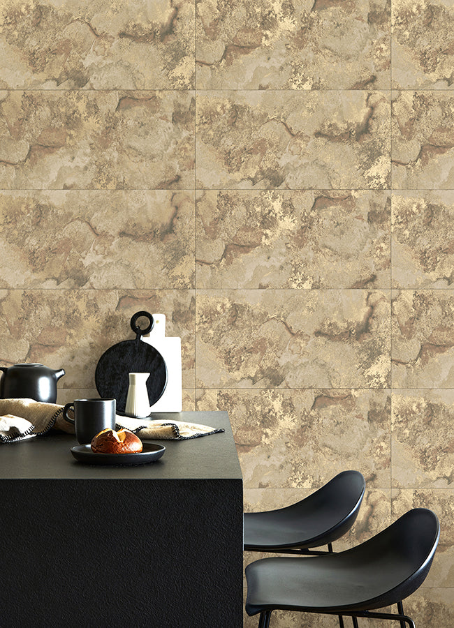 Aria Light Brown Marbled Tile Wallpaper - Brewster Wallcovering