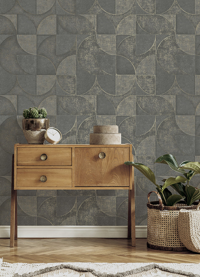 Addison Charcoal Retro Geo Wallpaper - Brewster Wallcovering