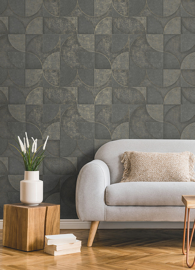 Addison Charcoal Retro Geo Wallpaper - Brewster Wallcovering