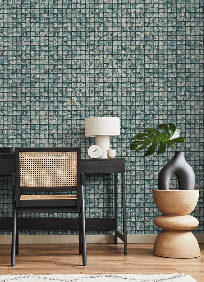 Kingsley Blue Tiled Wallpaper - Brewster Wallcovering