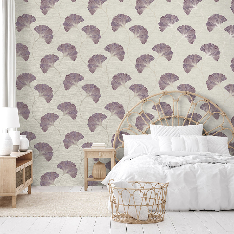 Miya Plum Ginkgo Wallpaper - Brewster Wallcovering