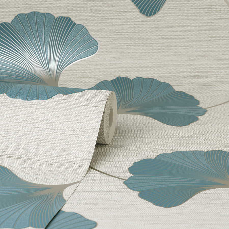 Miya Teal Ginkgo Wallpaper - Brewster Wallcovering