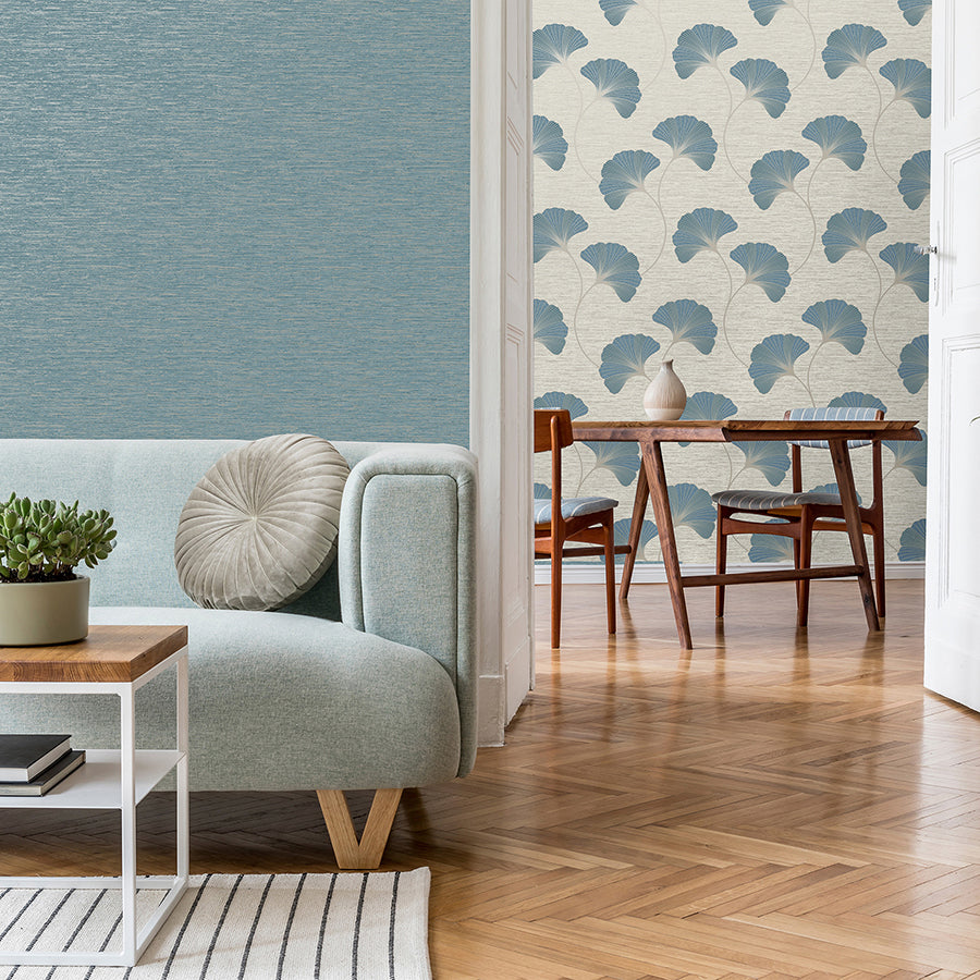 Miya Teal Ginkgo Wallpaper - Brewster Wallcovering