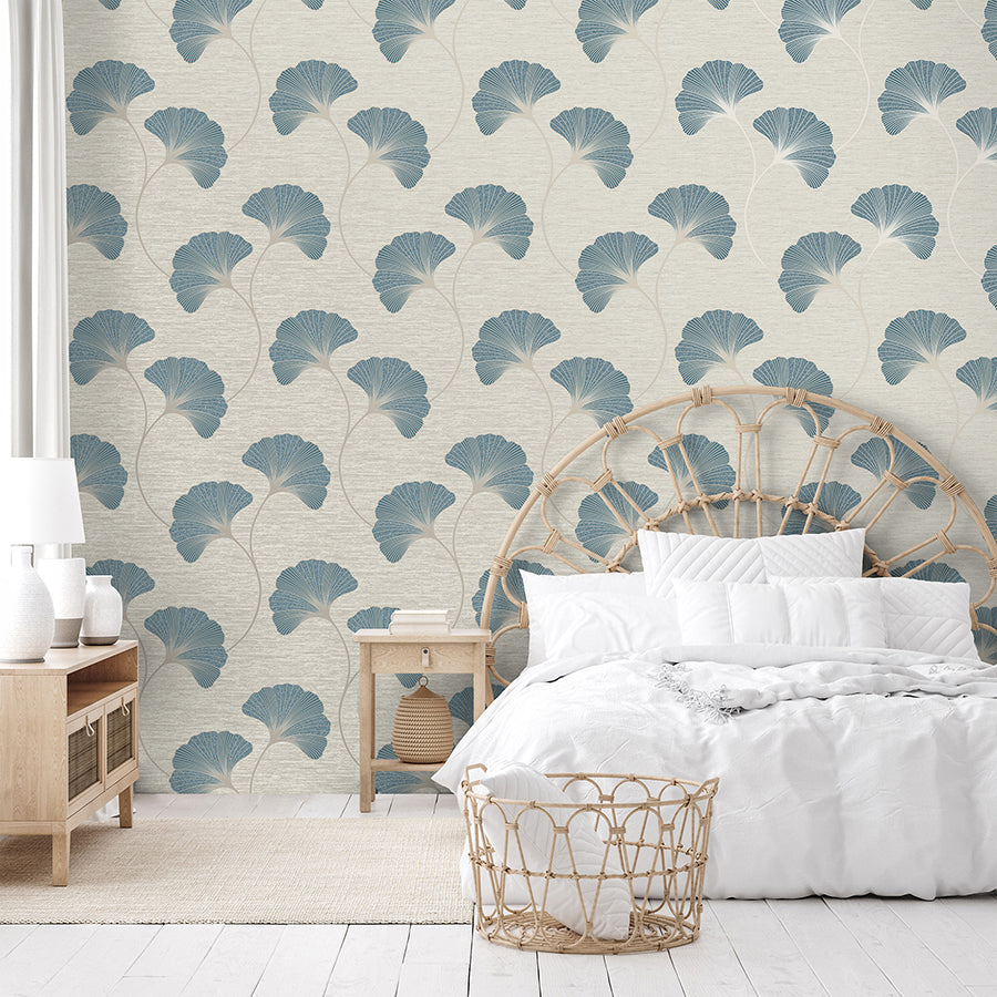 Miya Teal Ginkgo Wallpaper - Brewster Wallcovering