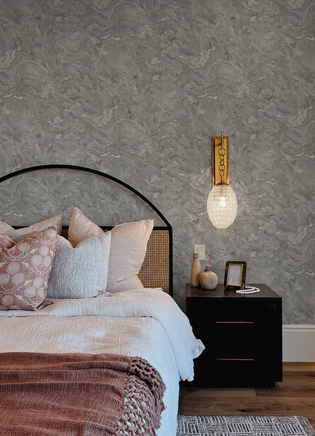 Meness Grey Metallic Marbling Wallpaper - Brewster Wallcovering